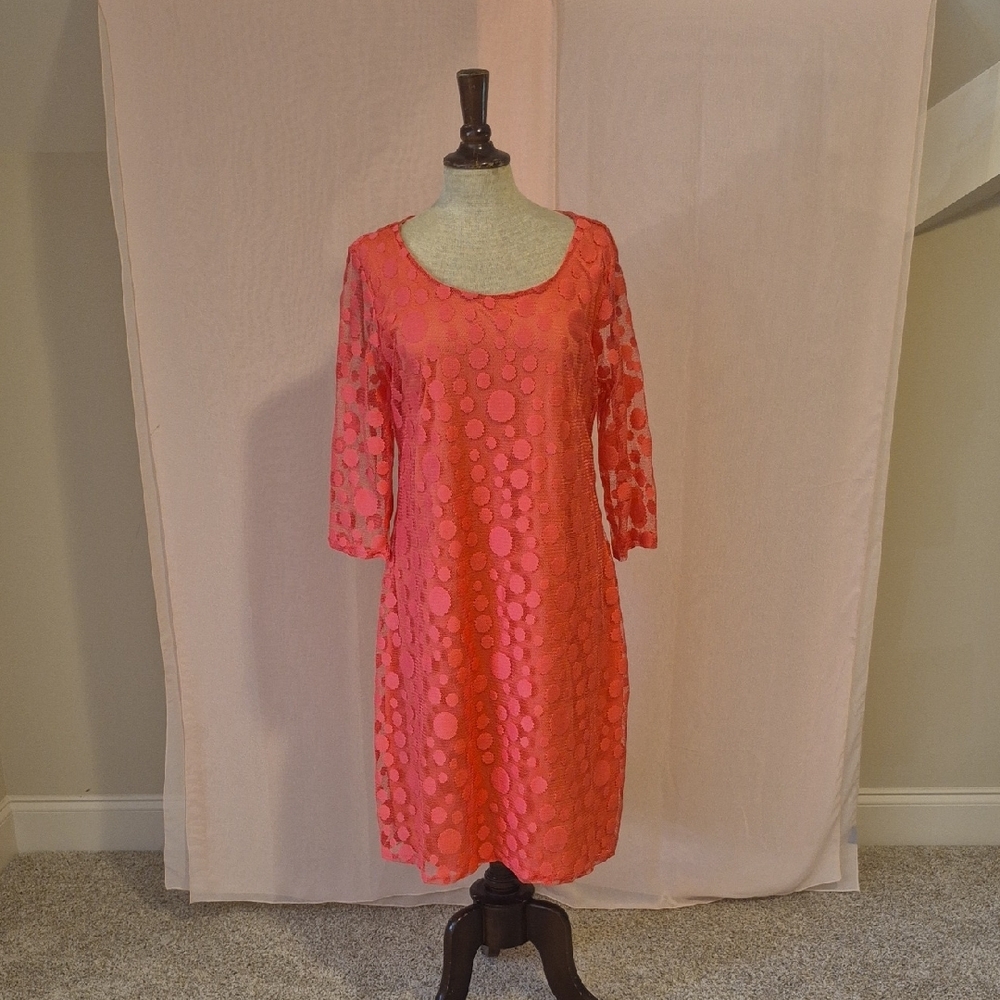 Fresh Of LA Coral Color Lace A-Line Dress with 3/4 Sleeves for Cocktail 1X